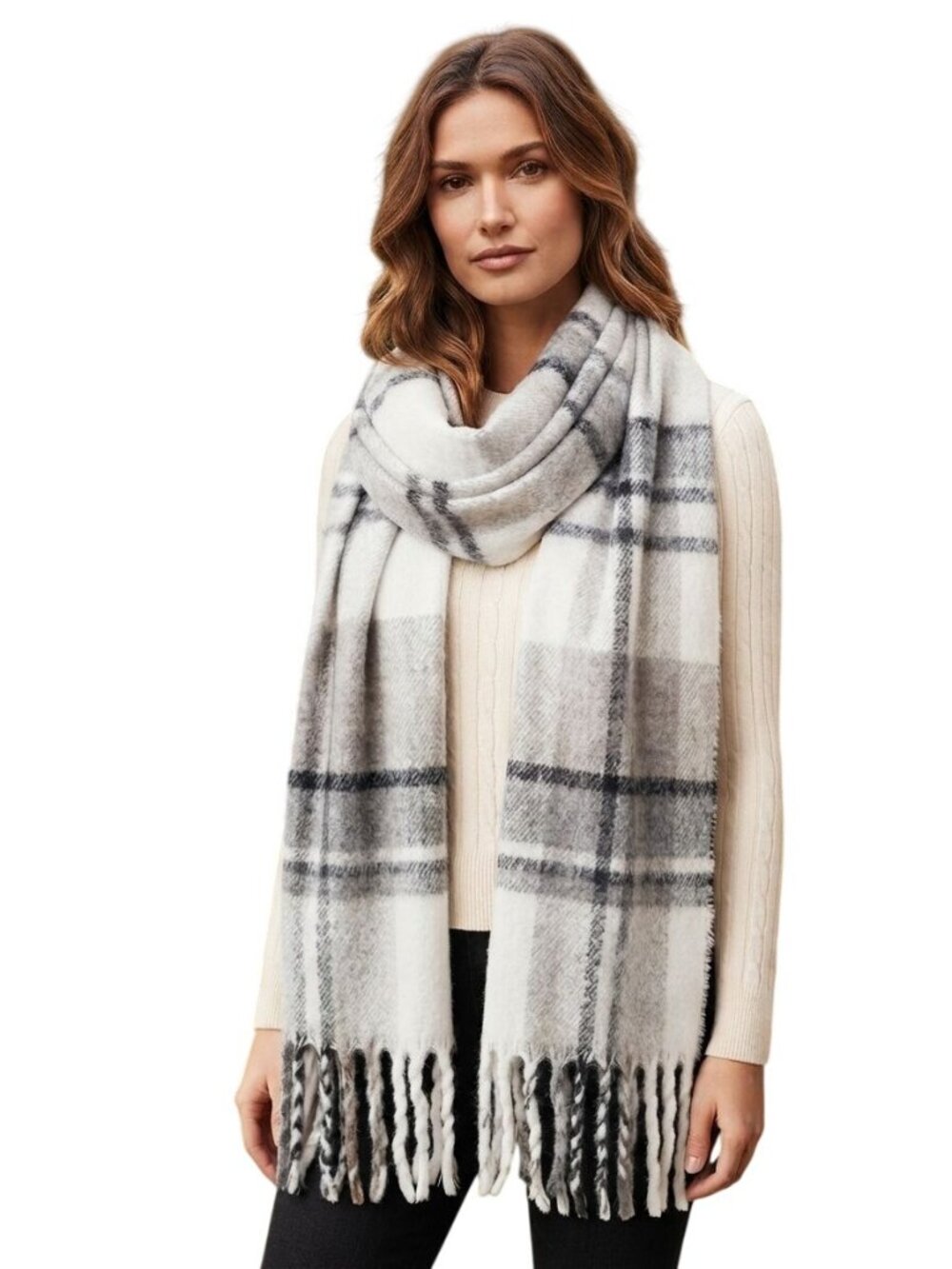 Steve Madden Black White Plaid Fringe Blanket Scarf 20"x80" Cozy Neutral Warm